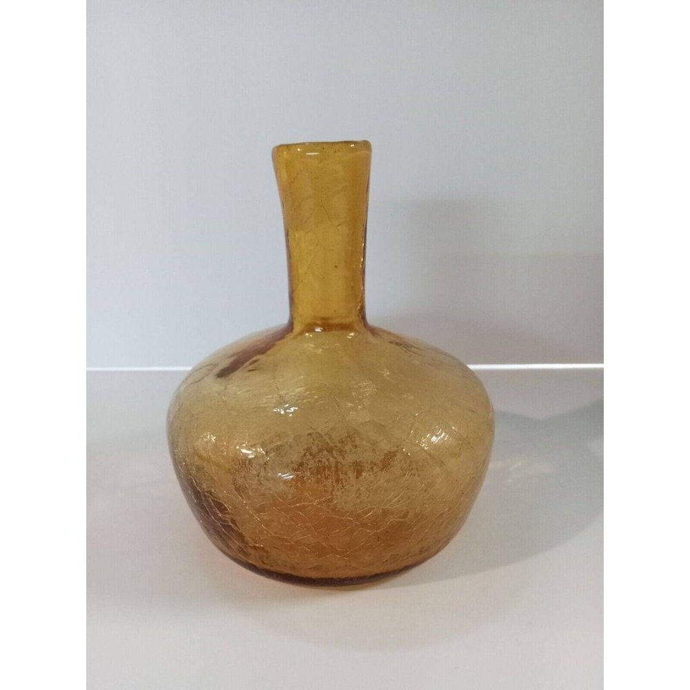 Vintage Hand Blown Amber Crackle Glass Bottle/Vase 7" Tall Pontil